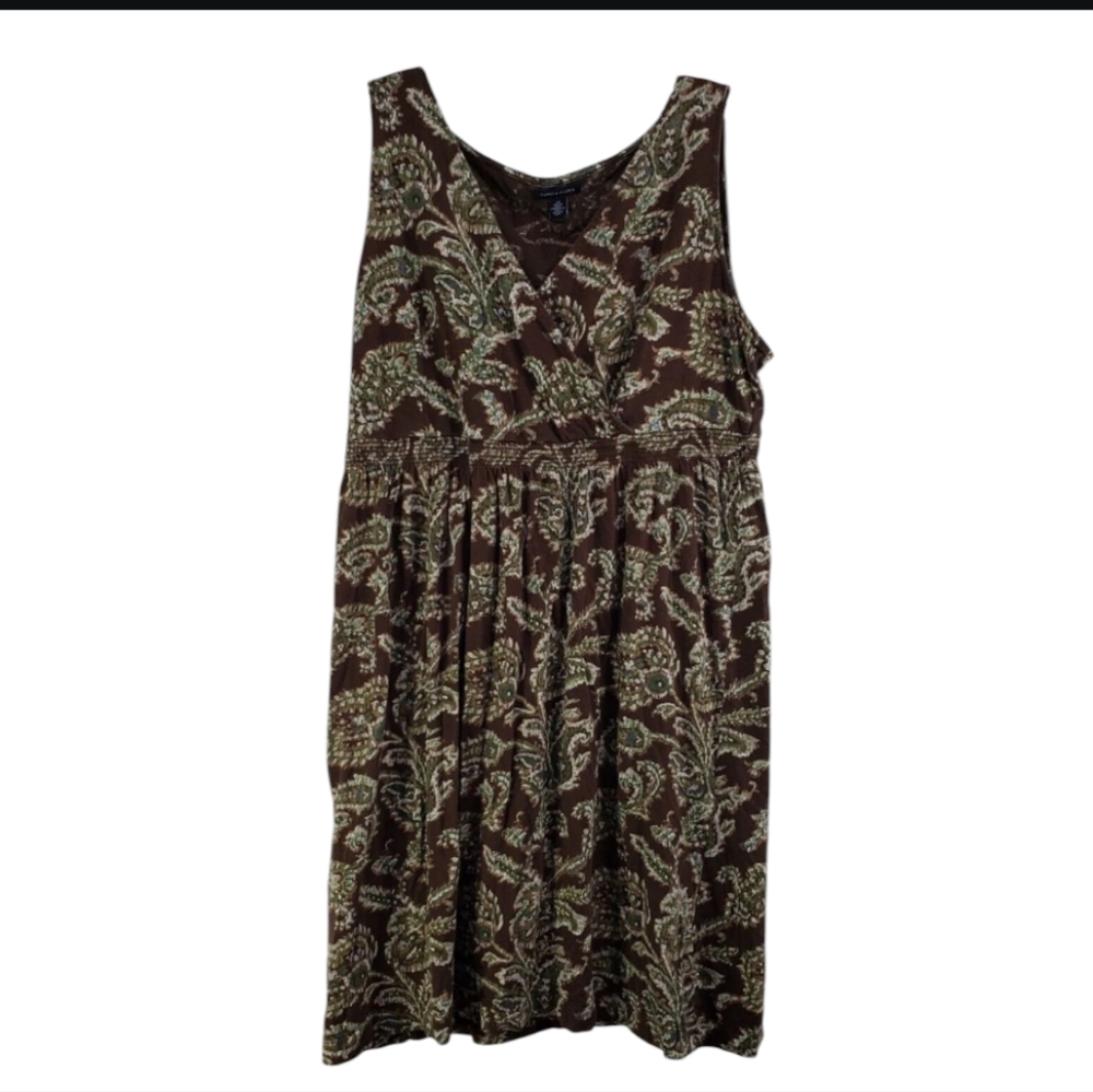 Women's Vtg Tommy Hilfiger Brown Paisley Sleeveless V Neck Surplice Dress 2X